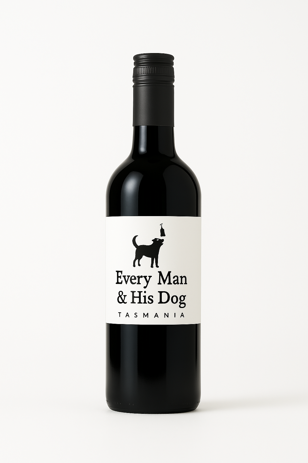 Wine bottle labeled 'Every Man & His Dog Tasmania' on a white background